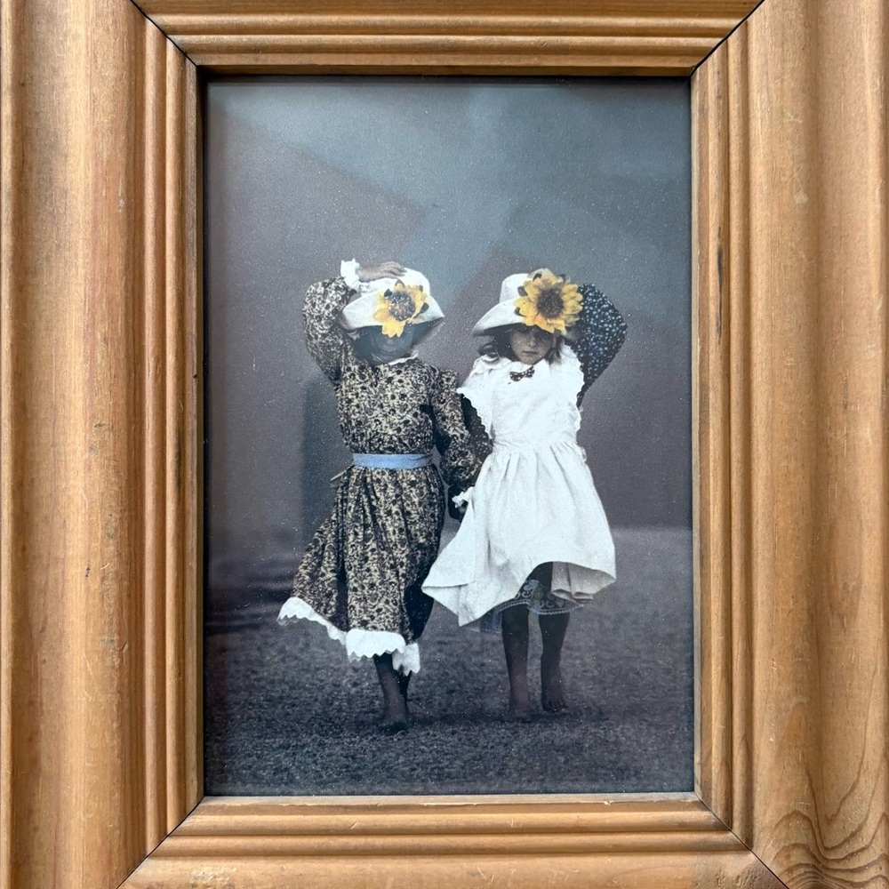 “Girlfriends” - two adorable girls in vintage dresses & hats with sunflowers